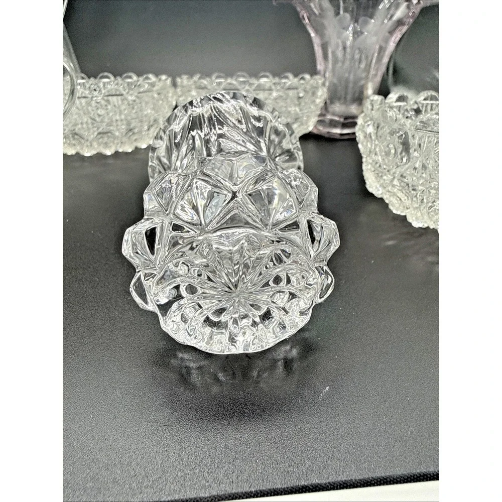 Vintage Pressed and Cut Glass Collection 10 Piece Set Bowls Decanter Basket